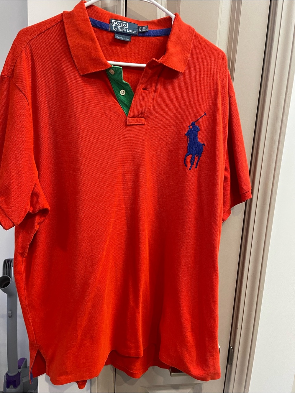 Ralph Lauren Men’s Orange Polo with Green Placket and Blue Pony